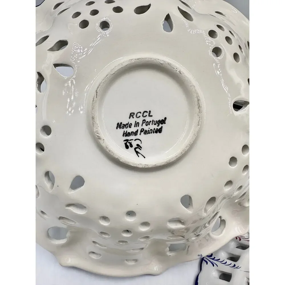 RCCL Ceramic Hand Painted Floral Fruit Basket Braided Handle & Bowl Set Portugal